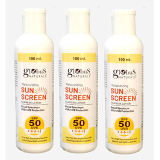 Globus Naturals Sunscreen Lotion, Daily Sun Protect for Face & Body, SPF 50+++ Broad Spectrum UVA & UVB Protection, For Both Men & Women, Sun Block for All Skin Types, 100 gm, Set  of 3
