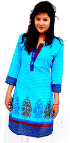 The Mini Needle Blue Cotton Floral Stitched Kurti For Women