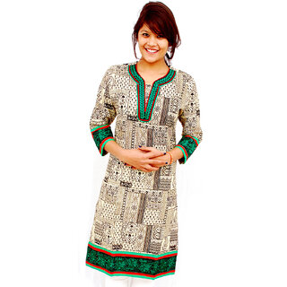 The Mini Needle Cream Cotton Geometric Stitched Kurti For Women