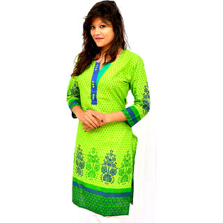 The Mini Needle Green Cotton Geometric Stitched Kurti For Women