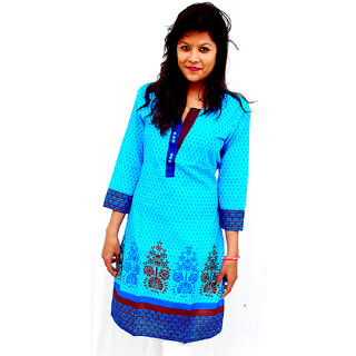 The Mini Needle Blue Cotton Floral Stitched Kurti For Women