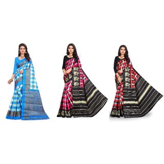 SVB Sarees Blue Pink And Red Checks Printed Khadi Saree Pack Of 3 Saree