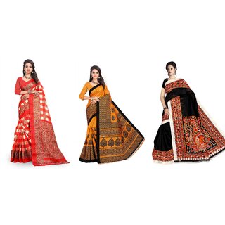 SVB Sarees Red Yellow And Black Printed Khadi Saree Pack Of 3 Saree
