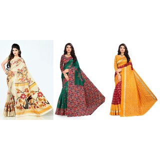 SVB Sarees Yellow Chiku And Green Printed Khadi Saree Pack Of 3 Saree