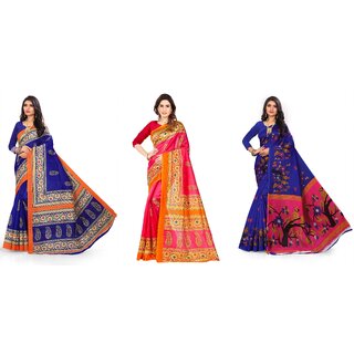 SVB Sarees Blue And Pink Printed Khadi Saree Pack Of 3 Saree