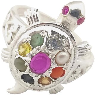 PRATEEK ENTERPRISES NATURAL NINE PLANETS STONES NAVRATAN 92.5 PURE SILVER ADJUSTABLE RING