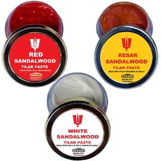 PACK OF THREE PREMIUM KESAR , PREMIUM RED AND PRE WHITE SANDALWOOD TILAK PASTE MADE WITH PURE AND RARE SANDALWOOOD STICK