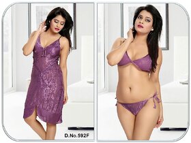 Womens Sleep Wear Set 3pc Bra Panty  Babydoll 592F Night Wear Gift Bed room Night Set Gurlz Hot Lounge Purple Dress