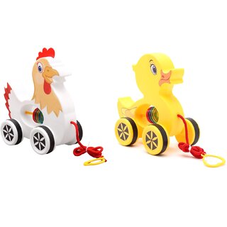 Virgo Toys Pull Along Buddy Chicken - White and Duck - Yellow For Kids  Encourages Walking  For Age 18 Month and Above