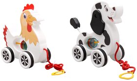 Virgo Toys Pull Along Buddy Chicken - White and Dog - Black and White, For Kids  For Age 18 Months and Above