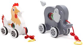 Virgo Toys Pull Along Buddy Chicken - White and Elephant - Grey, For Kids  For Age 18 Month and Above