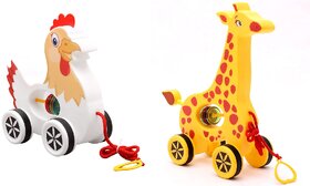 Virgo Toys Pull Along Buddy Chicken - White and Giraffe - Yellow, For Kids  For Age 18 Month and Above