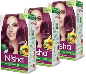 Nisha Cream Hair Color Rich Bright Long Lasting Hair Colouring For Ultra Soft Deep Shine 100% Grey Coverage Wine Burgundy (Pack of 3) , Wine Burgundy