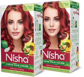 Nisha Cream Hair Color Rich Bright Long Lasting Hair Colouring For Ultra Soft Deep Shine 100% Grey Coverage Cherry Red (Pack of 2) , Cherry Red