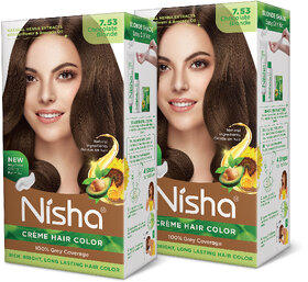 Nisha Cream Hair Color Rich Bright Long Lasting Hair Colouring For Ultra Soft Deep Shine 100% Grey Coverage Chocolate Blonde Pack of 2 , Chocolate Blonde