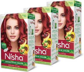 Nisha Cream Hair Color Rich Bright Long Lasting Hair Colouring For Ultra Soft Deep Shine 100% Grey Coverage Cherry Red (Pack of 3) , Cherry Red
