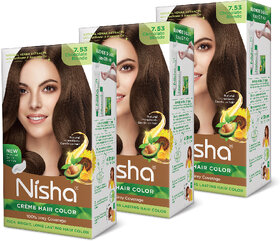 Nisha Cream Hair Color Rich Bright Long Lasting Hair Colouring For Ultra Soft Deep Shine 100% Grey Coverage Chocolate Blonde Pack of 3 , Chocolate Blonde