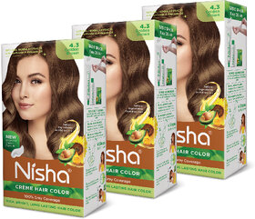 Nisha cream permanent hair color superior quality no ammonia cream formula permanent Fashion Highlights and rich bright long-lasting colour Golden Brown (pack of 3) , GOLDEN BROWN 4.3