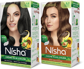 Nisha Creme Hair Color (60gm + 60ml + 18ml Conditioner for Each) Combo Pack Of Natural black & Golden Brown , Golden Brown, Black