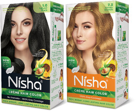 Nisha Creme Hair Color (60gm + 60ml + 18ml Conditioner for Each) Combo Pack Of Natural black & Honey Blonde , Honey Blonde 7.3, Black