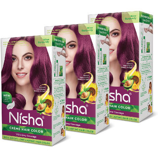 Nisha Cream Hair Color Rich Bright Long Lasting Hair Colouring For Ultra Soft Deep Shine 100% Grey Coverage Wine Burgundy (Pack of 3) , Wine Burgundy