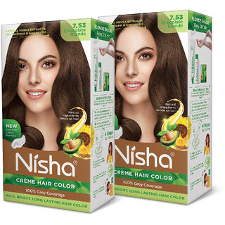 Nisha Cream Hair Color Rich Bright Long Lasting Hair Colouring For Ultra Soft Deep Shine 100% Grey Coverage Chocolate Blonde Pack of 2 , Chocolate Blonde