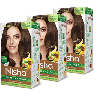 Nisha Cream Hair Color Rich Bright Long Lasting Hair Colouring For Ultra Soft Deep Shine 100% Grey Coverage Chocolate Blonde Pack of 3 , Chocolate Blonde