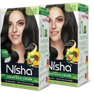 Nisha Creme Hair Color 1.0 Natural Black (Pack of 2) , 1.0 Natural Black