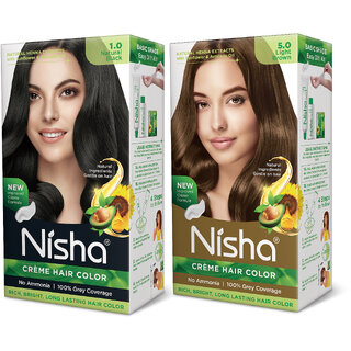 Nisha Creme Hair Color (60gm + 60ml + 18ml Conditioner for Each) Combo Pack Of Natural black & Light Brown , Light Brown 5.0