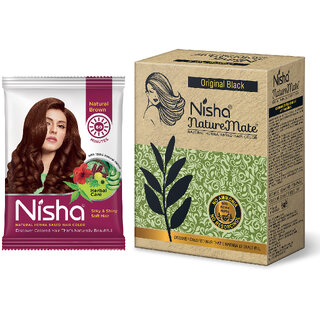 Nisha Nature Mate 60gm Comes with Natural Henna Based Hair Color Powder Conditioning Herbal Care silky & Shiny Soft each sachet Brown (15)