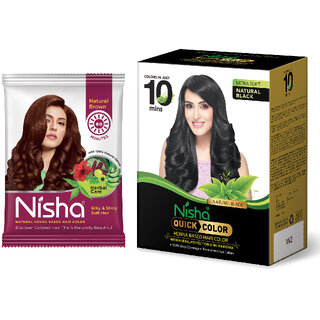 Nisha Quick Color Henna Based Hair 60gm with Brown Henna Based Hair Color Herbal Care silky & Shiny Soft 15gm Each Pack of 10 (210 g)
