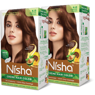 Nisha Superior Quality with Rich, Bright, Long Lasting Shine Hair Color NO AMMONIA Cream FORMULA NATURAL BROWN (Pack of 2) , Natural Brown