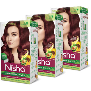 Nisha cream permanent hair color superior quality no ammonia cream formula permanent Fashion Highlights and rich bright long-lasting colour Burgundy (pack of 3) , BURGUNDY 3.16