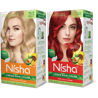 Nisha Cream Hair Color Rich Bright Long Lasting Hair Colouring For Ultra Soft Deep Shine Grey Coverage Conditioning With Natural Herbs , Ultra Blonde & Flame Red