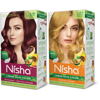 Nisha 16 Burgundy + 8.1 Golden Blonde (60gm + 90ml + 18ml Conditioner) , 3.16 Burgundy + 8.1 Golden Blonde