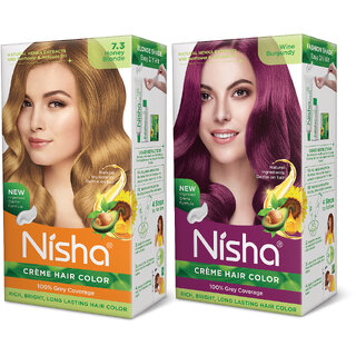 Nisha Cream Hair Color Rich Bright Long Lasting Hair Colouring For Ultra Soft Deep Shine Grey Coverage Conditioning With Natural Herbs , Honey Blonde & Wine Burgundy