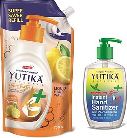 Yutika Naturals Complete Protection 750ml Lemon Hand Wash Comes With 200ml Instant Kills Germs Without Water Non Sticky & Safe Hand Sanitizer Pump + Refill (2 x 475 ml)