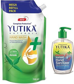 Yutika Naturals Complete Protection 750ml Neem Hand Wash Comes With 200ml Instant Kills Germs Without Water Non Sticky & Safe Hand Sanitizer Pump + Refill (2 x 475 ml)