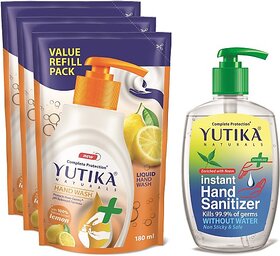Yutika Naturals Complete Protection Lemon HandWash 180ml(Pack of 3)Comes With 200ml Instant Kills Germs Without Water Non Sticky & Safe Hand Sanitizer Pump + Refill (4 x 185 ml)