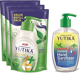 Yutika Naturals Complete Protection Neem HandWash 180ml(Pack of 3) Comes With 200ml Instant Kills Germs Without Water Non Sticky & Safe Hand Sanitizer Pump + Refill (4 x 185 ml)