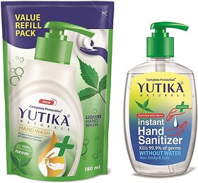 Yutika Naturals Complete Protection 180ml Neem Hand Wash Comes With 200ml Instant Kills Germs Without Water Non Sticky & Safe Hand Sanitizer Pump + Refill (2 x 190 ml)