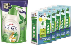 Yutika Naturals Complete Protection 180ml Neem Hand Wash Comes With Selfcare Powder To Liquid Hand Wash Bottle 5 Sachets Of 10gm each Hand Wash Pump + Refill (2 x 100 ml)