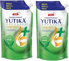 Yutika Naturals Hand Wash Complete Protection 100% Natural Extract for Hand Hygiene Protect from Germs pH Balanced Formula Neem 750ml Hand Wash Refill Pouch (2 x 750 ml)