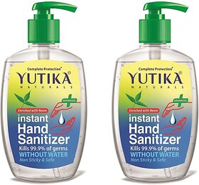 Yutika Naturals Complete Protection Instant  Kills 99.9% Of Germs Without Water Non Sticky & Safe Enriched With Neem Hand Sanitizer Pump + Refill (2 x 100 ml)