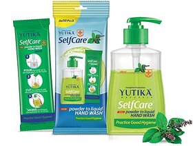 Yutika Selfcare Powder to Liquid Hand Wash Neem & Tulsi Combo Pack with Empty Bottle + 10 Refill Pack of 9gm Each (1 Refill Makes 200ml Hand Wash) Hand Wash Bottle + Refill (10 x 20 ml)
