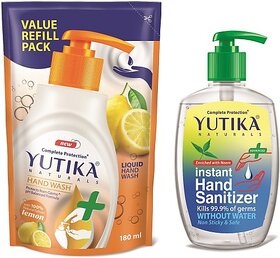 Yutika Naturals Complete Protection 180ml Lemon Hand Wash Comes With 200ml Instant Kills Germs Without Water Non Sticky & Safe Hand Sanitizer Pump + Refill (2 x 190 ml)