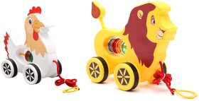 Virgo Toys Pull Along Buddy Chicken - White and Lion - Yellow, For Kids For Age 18 Month and Above