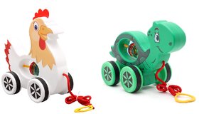 Virgo Toys Pull Along Buddy Chicken - White and Turtle - Green, For Kids For Age 18 Month and Above