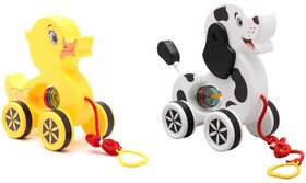 Virgo Toys Pull Along Buddy Duck - Yellow and Dog - Black and White, For Kids For Age 18 Month and Above
