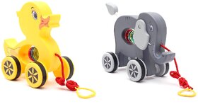 Virgo Toys Pull Along Buddy Duck - Yellow and Elephant - Grey, For Kids For Age 18 Month and Above